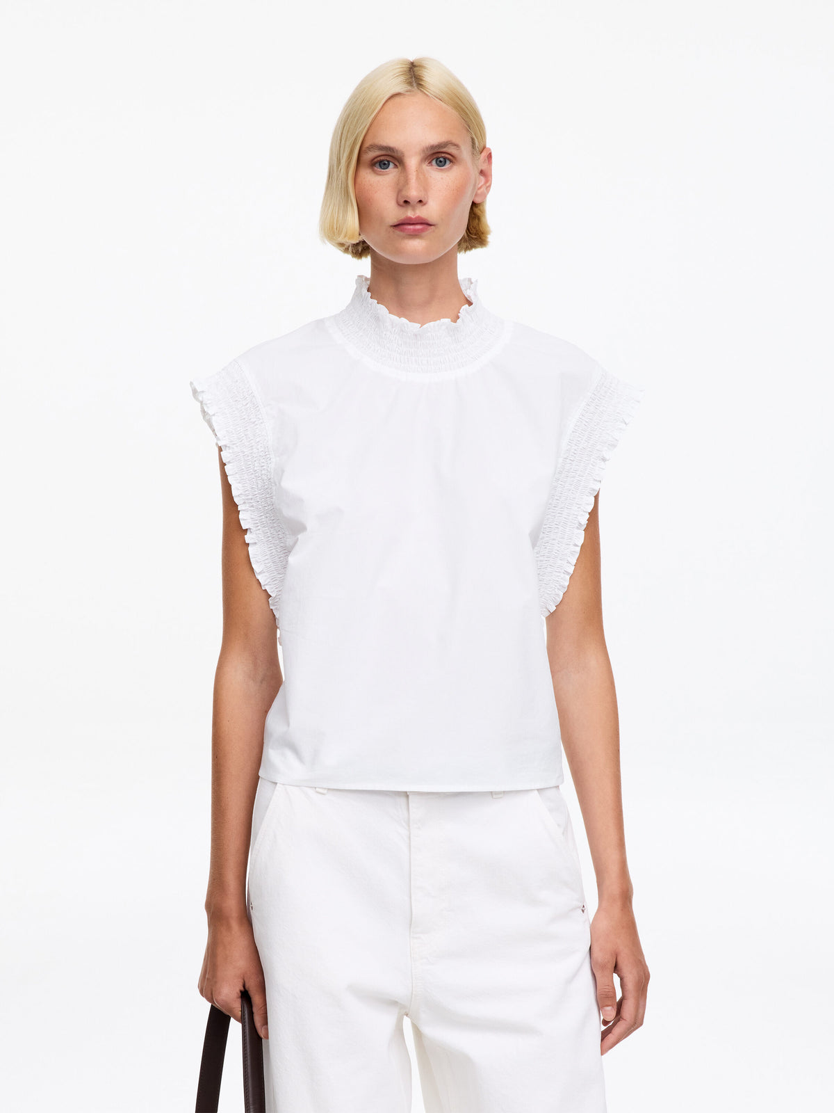 Smocked Cotton Poplin Top - White