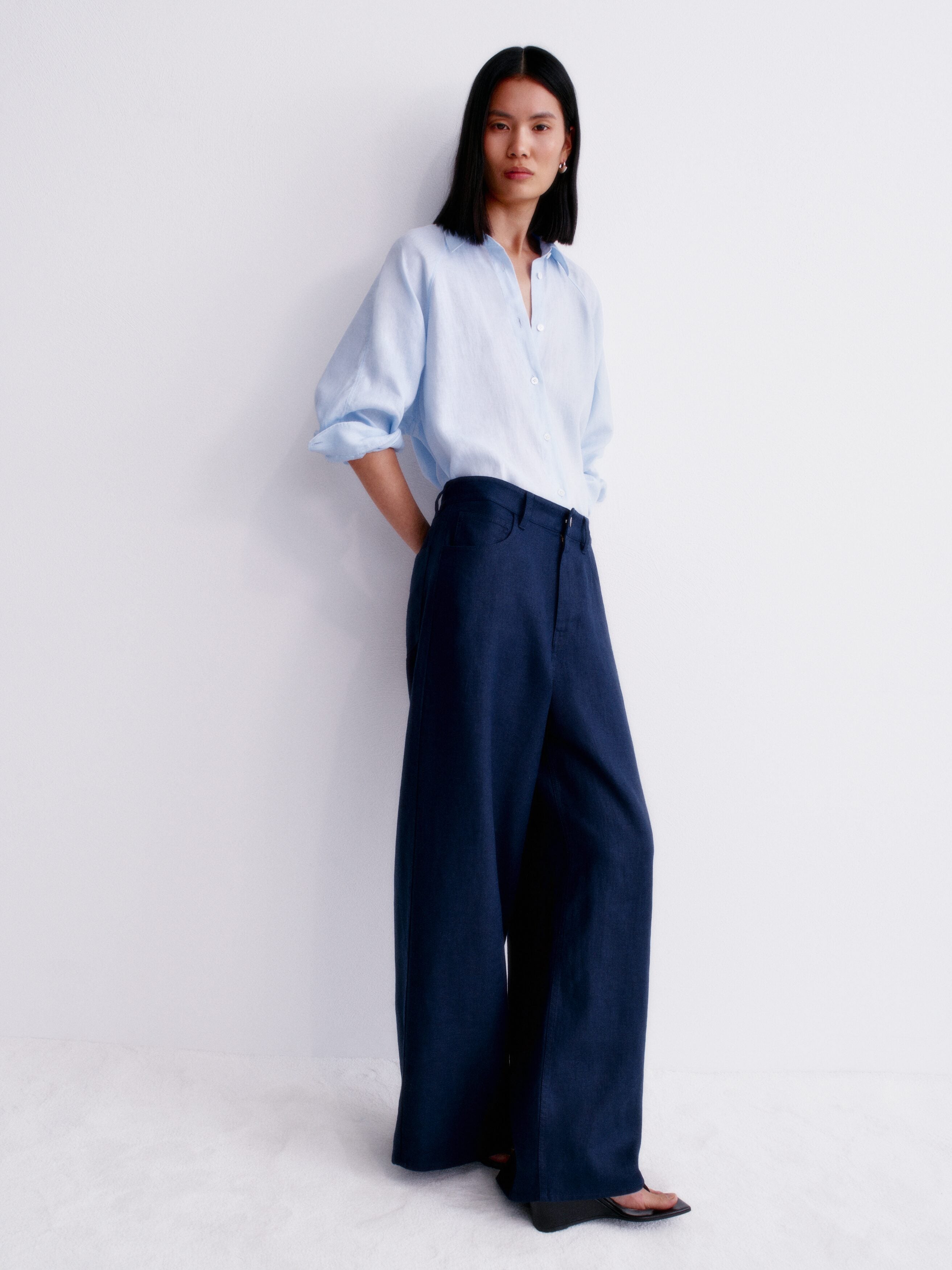 Five-Pocket Linen Trousers - Blue - Image 7