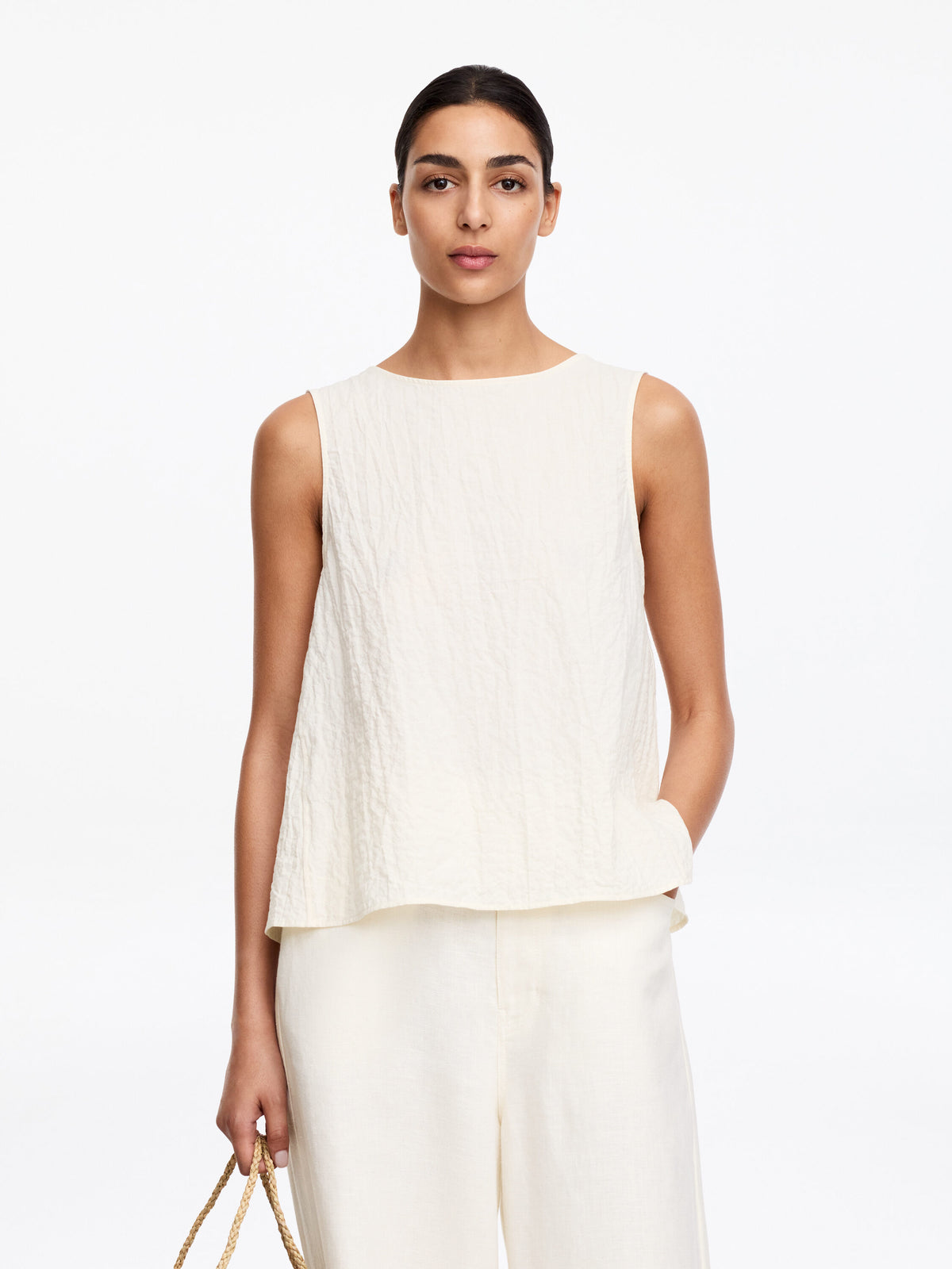 Sleeveless Seersucker Top - White