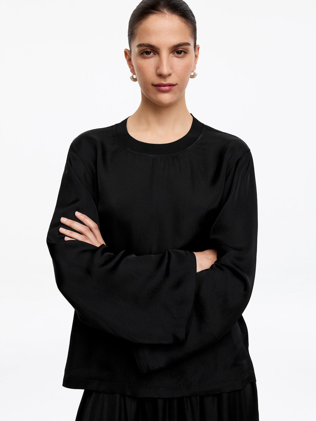 Long-Sleeve Satin Top - Black - Image 4