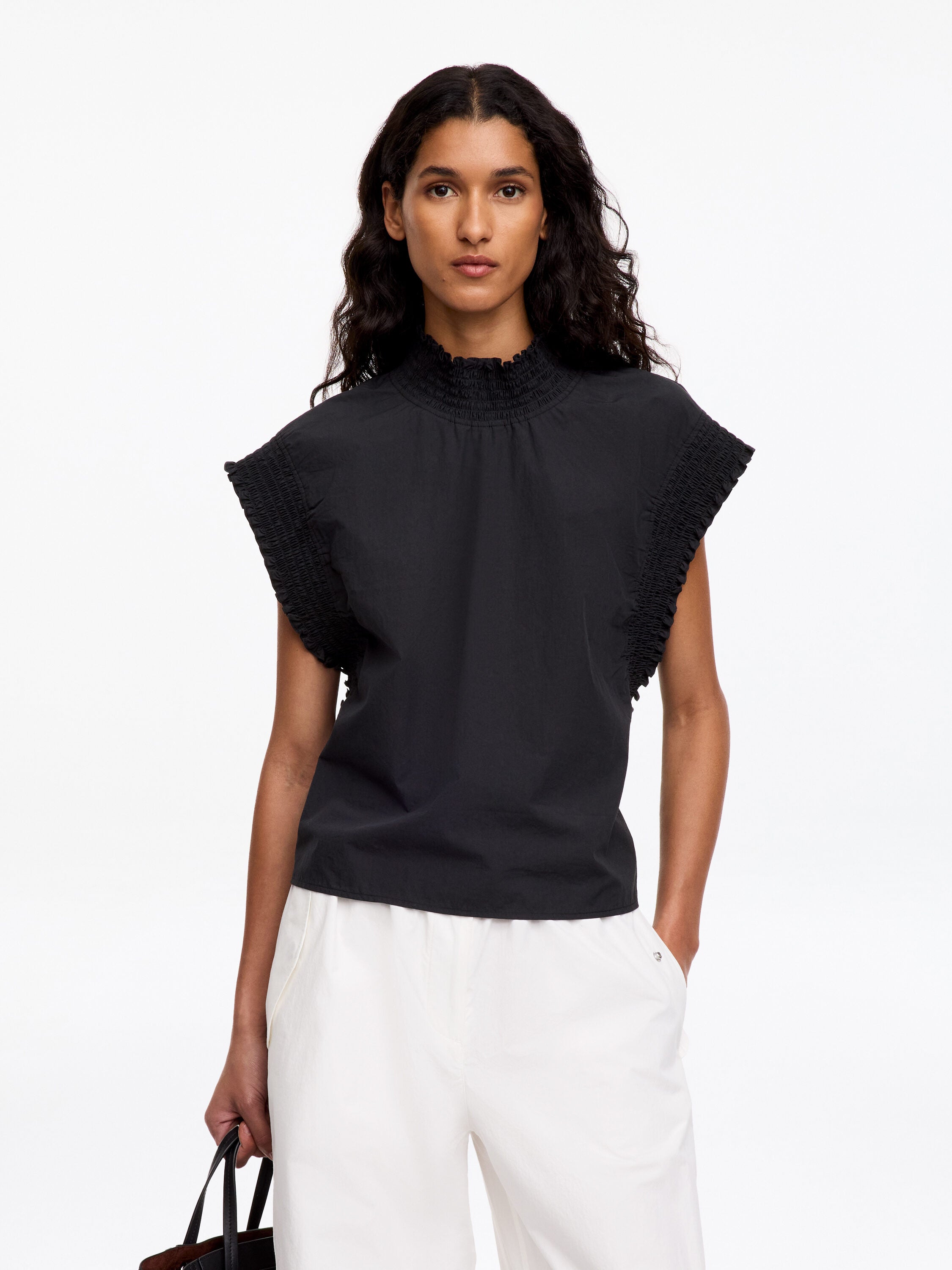 Smocked Cotton Poplin Top - Black