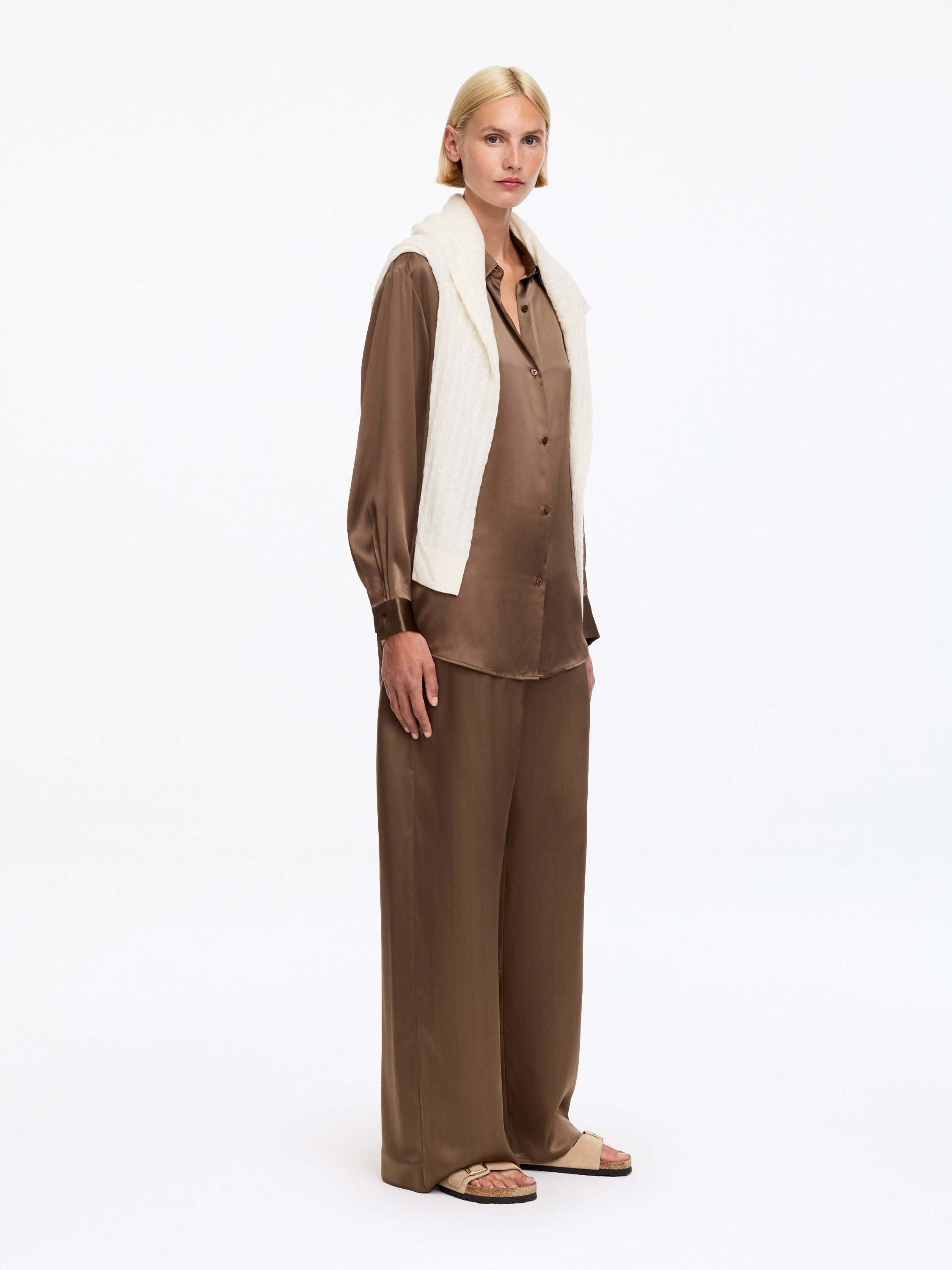 Silk Satin Trousers - Brown - Image 3