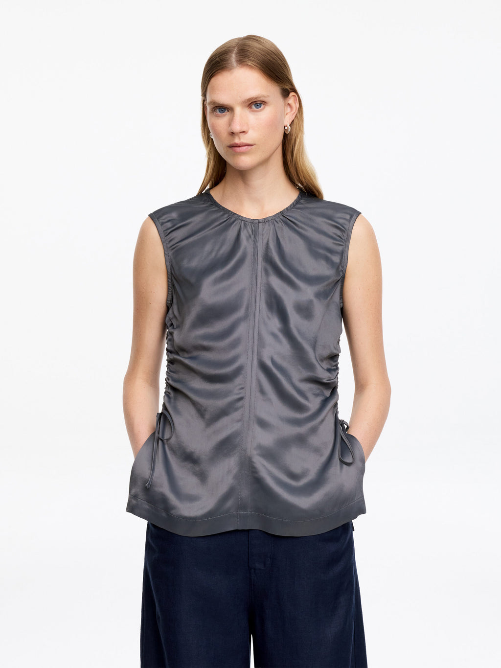 Satin Drawstring Top - Grey