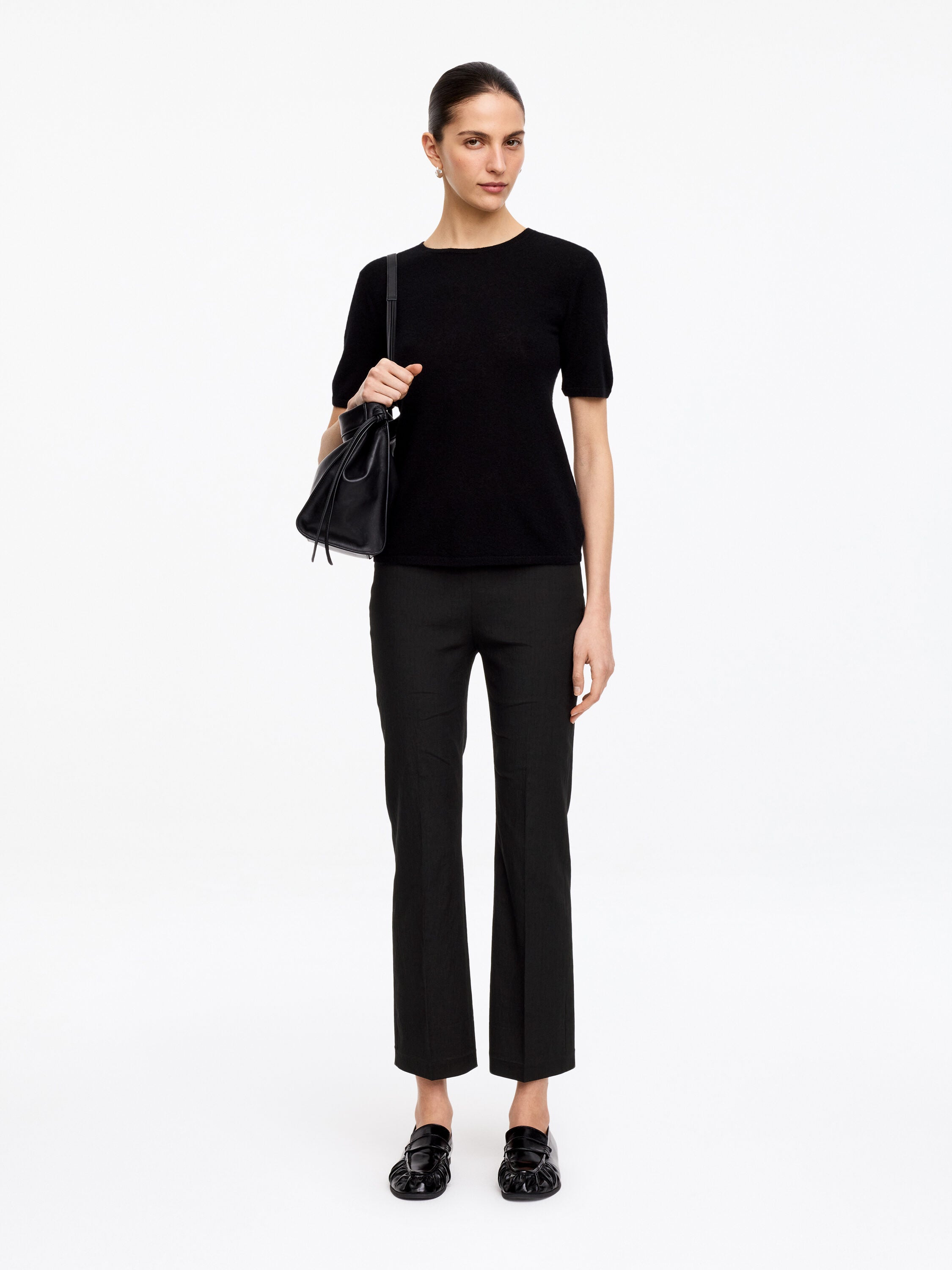 Linen-Cotton Kick-Flare Trousers - Black