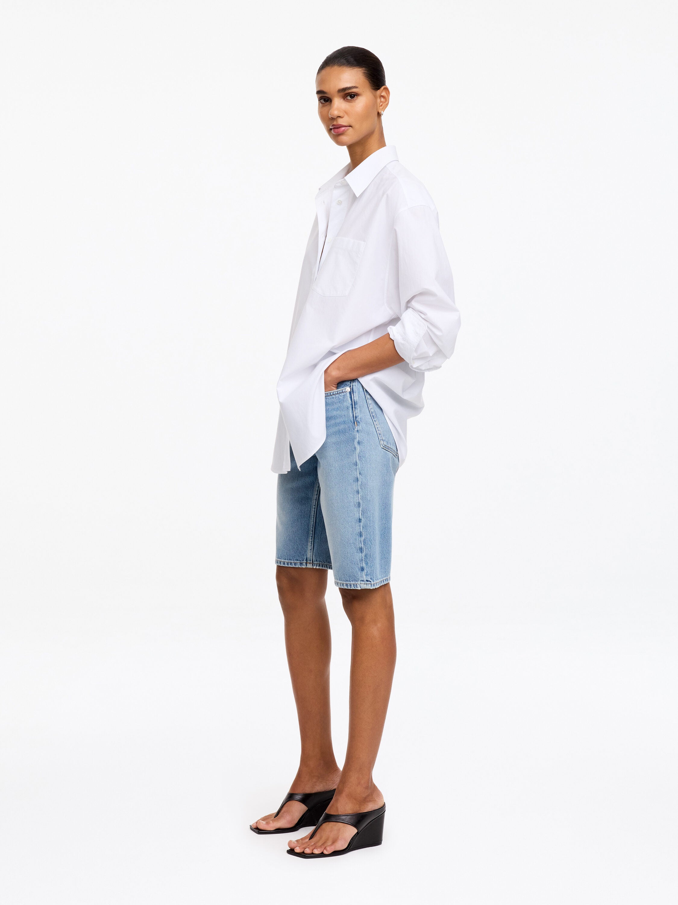 Narrow Denim Shorts - Blue - Image 2