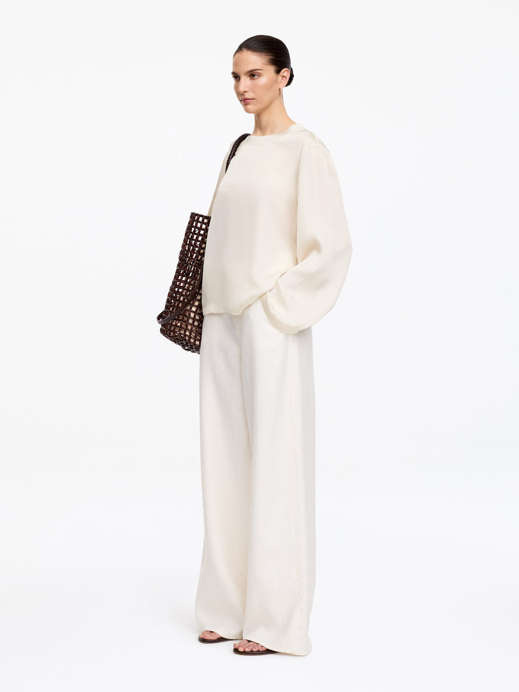 Long-Sleeve Satin Top - White - Image 2