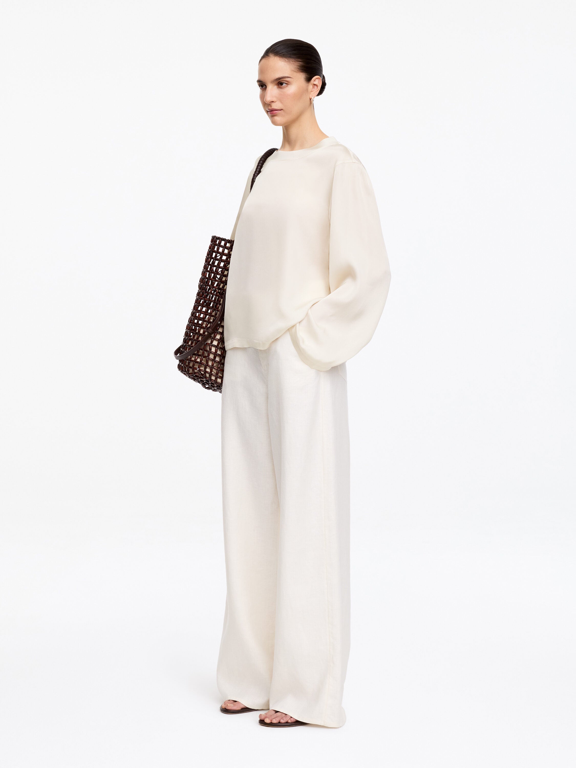 Long-Sleeve Satin Top - White - Image 2