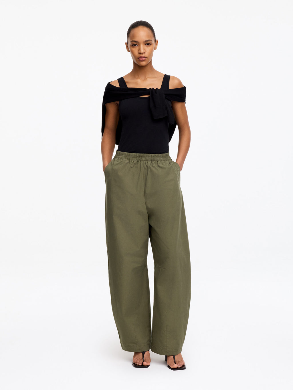 Barrel-Leg Cotton Trousers - Green