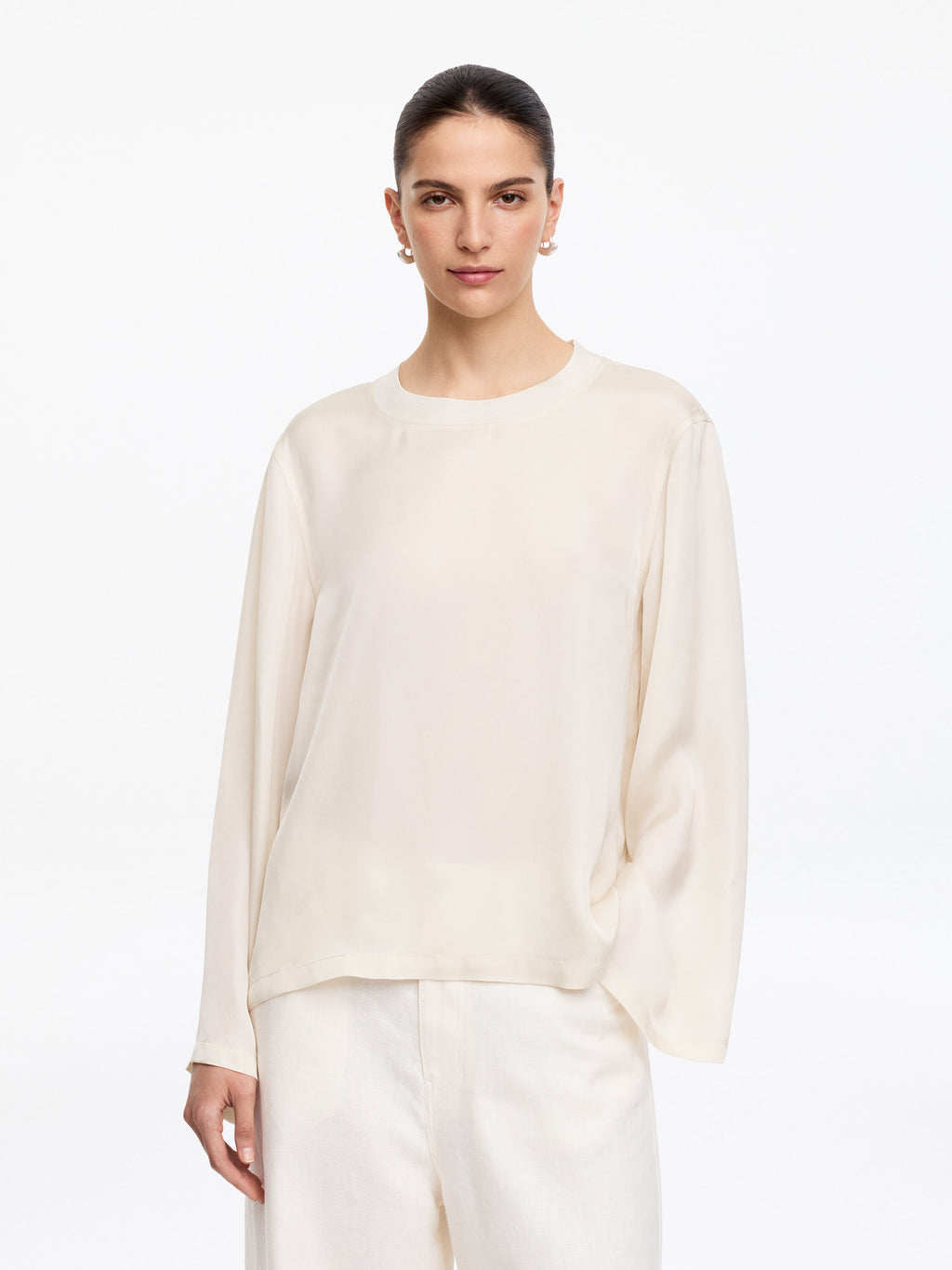 Long-Sleeve Satin Top - White